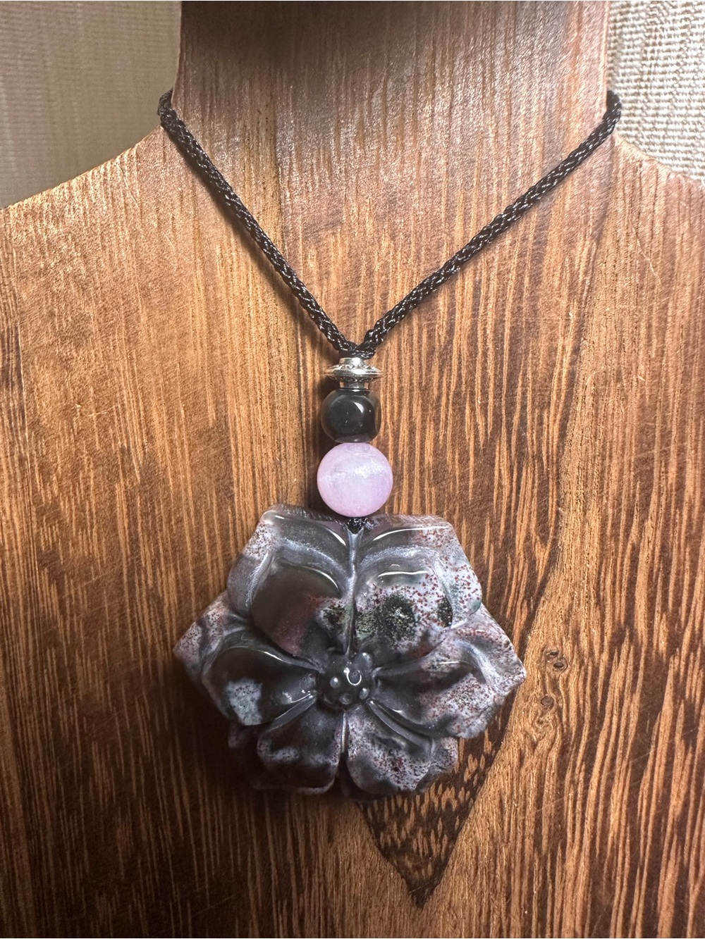 Ocean Jasper Pendant Necklace with Kunzite on Thin Black Adjustable Rope - Picture 12 of 16